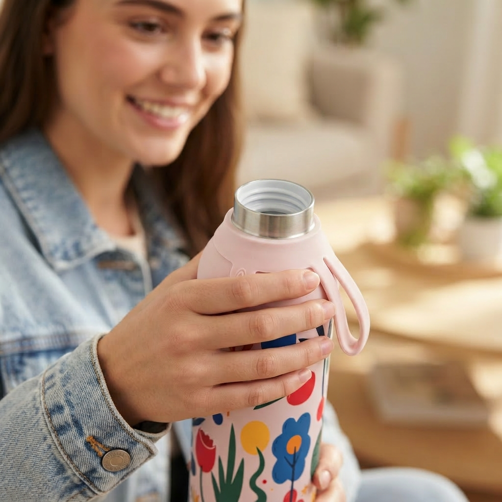 Botella Térmica de Acero Inoxidable con Interior Cerámico y Doble Tapón – Happy Garden | Aurea
