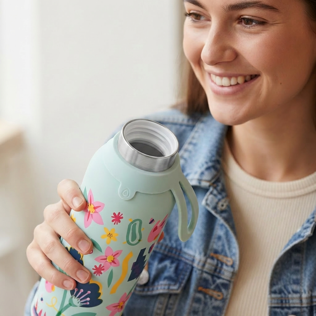 Botella Térmica de Acero Inoxidable con Interior Cerámico y Doble Tapón – Little Botanical | Aurea