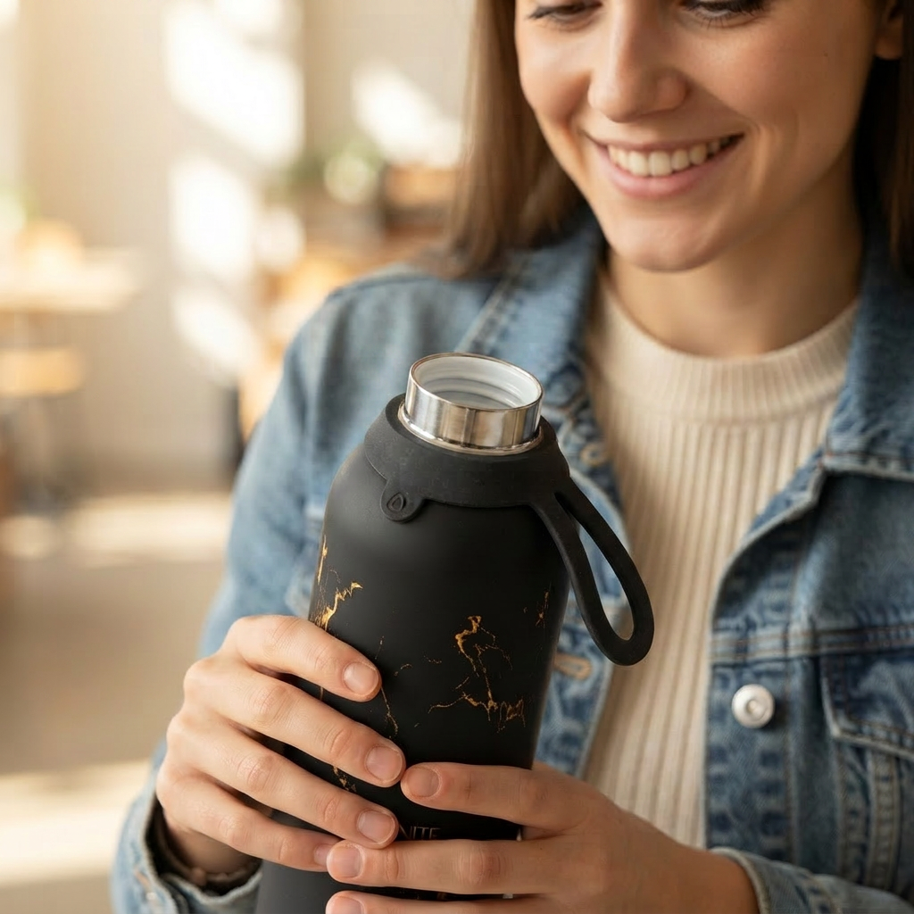 Botella Térmica de Acero Inoxidable con Interior Cerámico y Doble Tapón – Pure Gold | Aurea