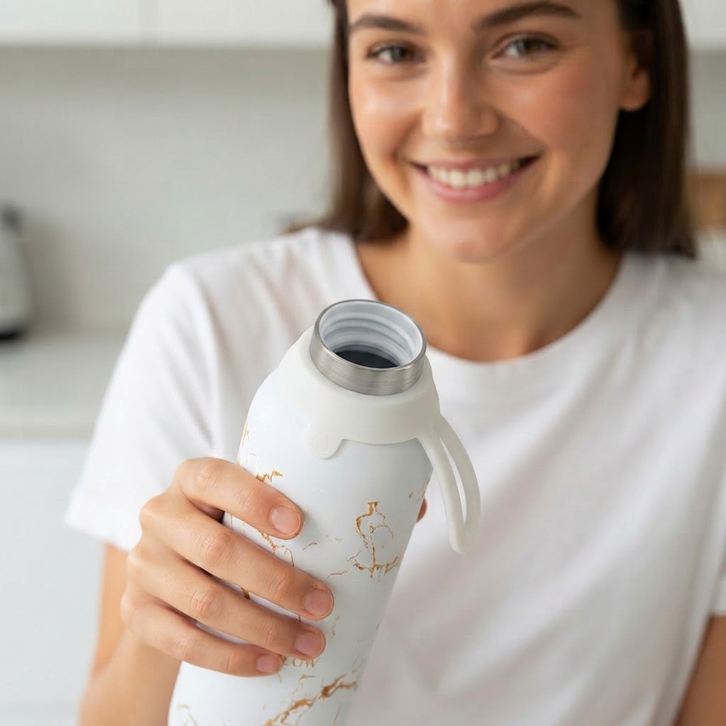 Botella Térmica de Acero Inoxidable con Interior Cerámico y Doble Tapón – Pure Gold | Aurea