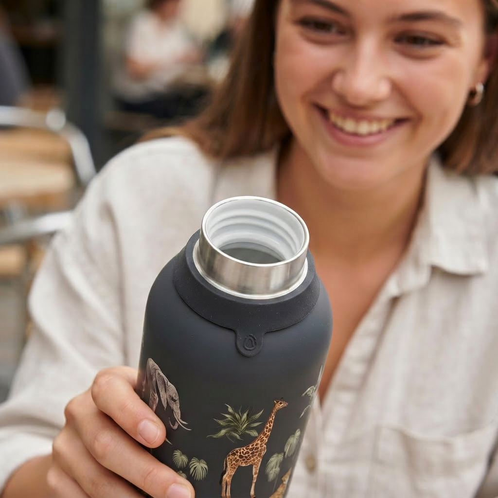 Botella Térmica de Acero Inoxidable con Interior Cerámico y Doble Tapón – Savanna Life | Aurea