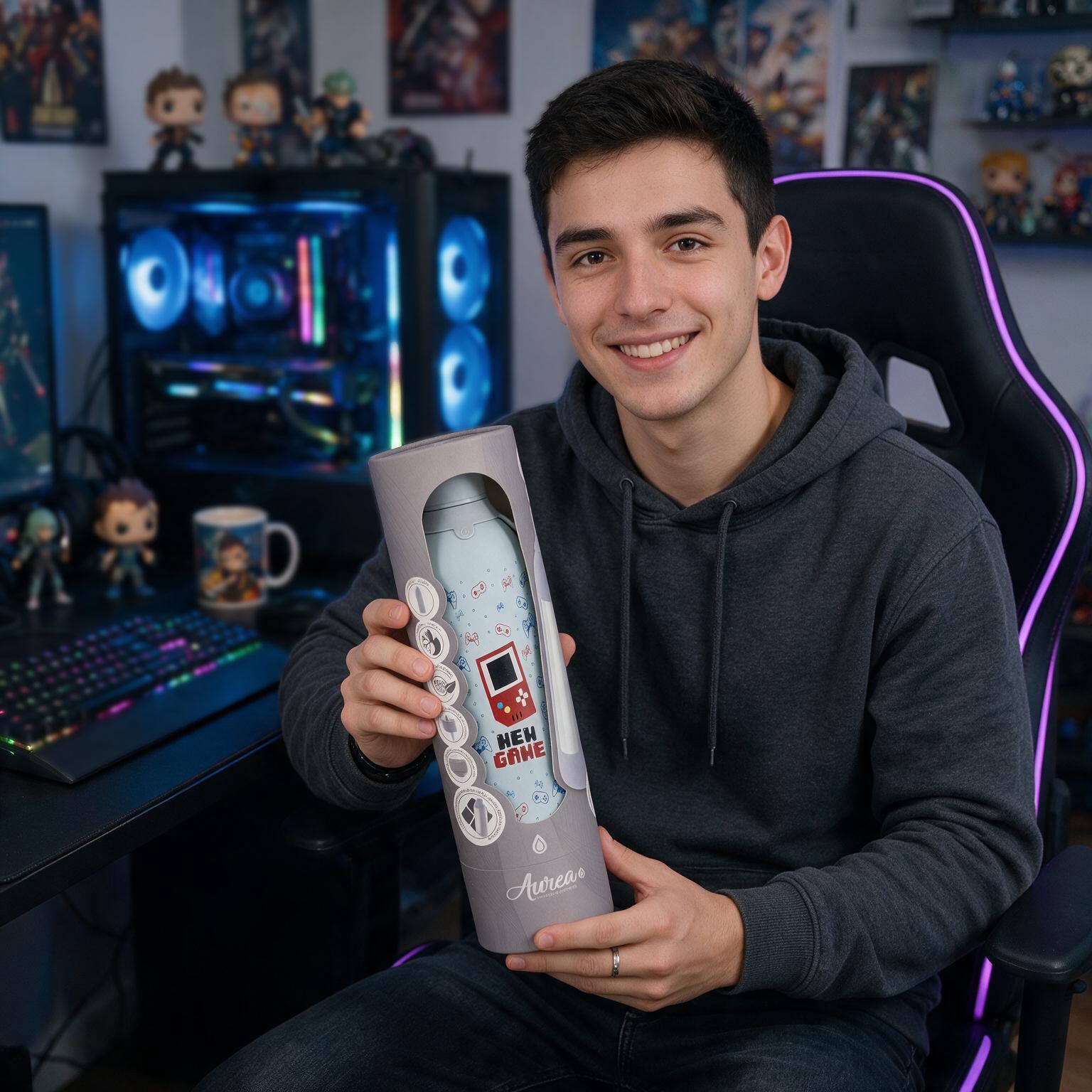 Botella Térmica de Acero Inoxidable con Interior Cerámico y Doble Tapón – Pixel Gaming | Aurea