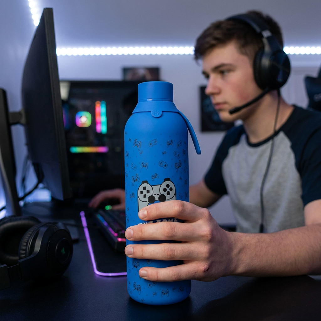 Botella Térmica de Acero Inoxidable con Interior Cerámico y Doble Tapón – Pixel Gaming | Aurea