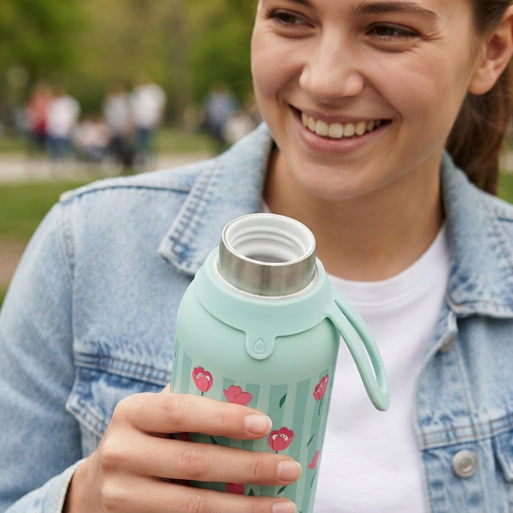 Botella Térmica de Acero Inoxidable con Interior Cerámico y Doble Tapón – Floral Picnic | Aurea