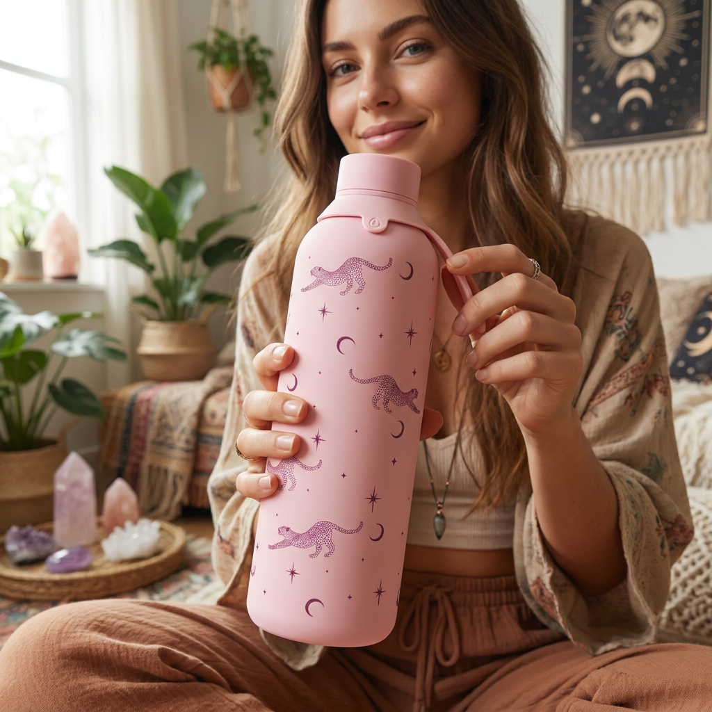 Botella Térmica de Acero Inoxidable con Interior Cerámico y Doble Tapón – Mystic Leopard | Aurea