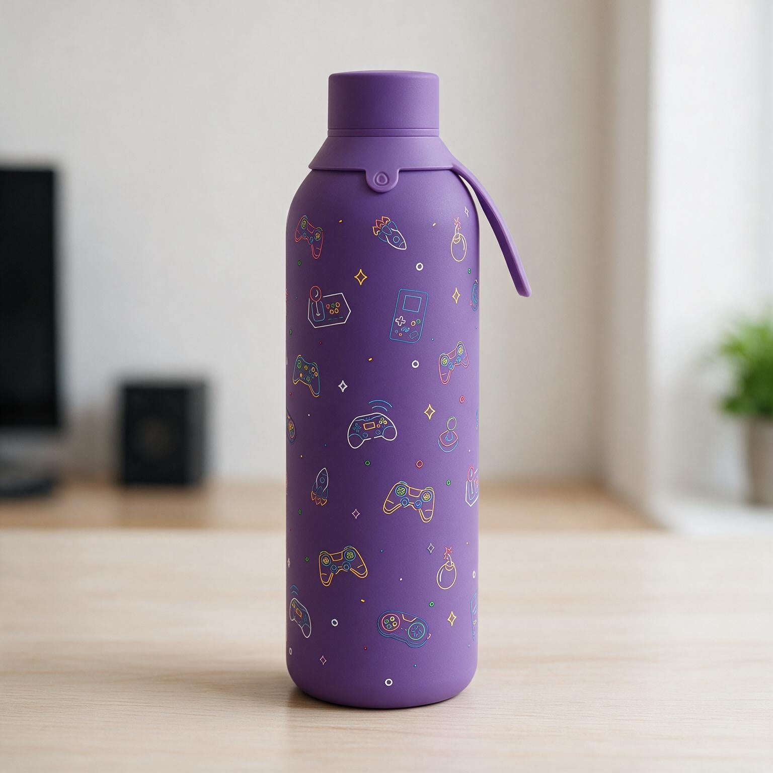 Botella Térmica de Acero Inoxidable con Interior Cerámico y Doble Tapón – Neon Gamer | Aurea