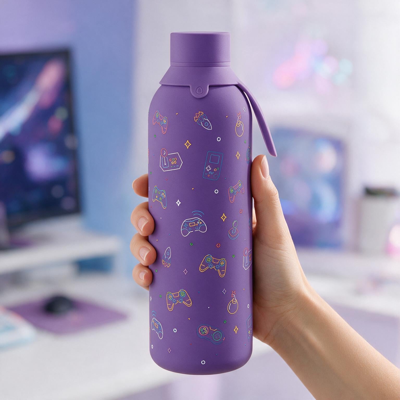 Botella Térmica de Acero Inoxidable con Interior Cerámico y Doble Tapón – Neon Gamer | Aurea