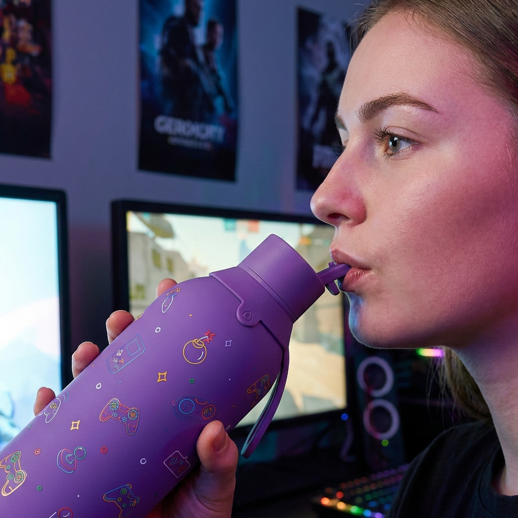 Botella Térmica de Acero Inoxidable con Interior Cerámico y Doble Tapón – Neon Gamer | Aurea