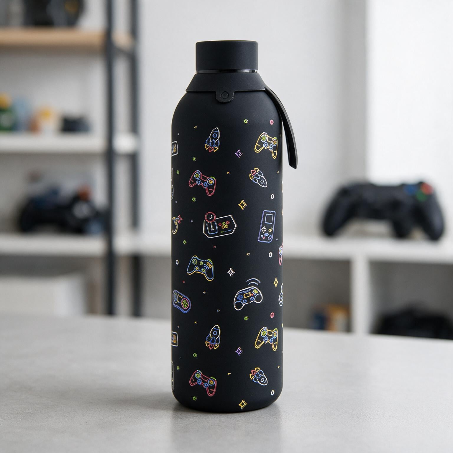Botella Térmica de Acero Inoxidable con Interior Cerámico y Doble Tapón – Neon Gamer | Aurea