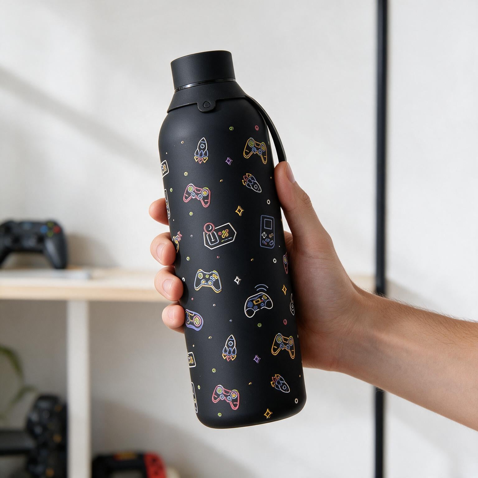 Botella Térmica de Acero Inoxidable con Interior Cerámico y Doble Tapón – Neon Gamer | Aurea