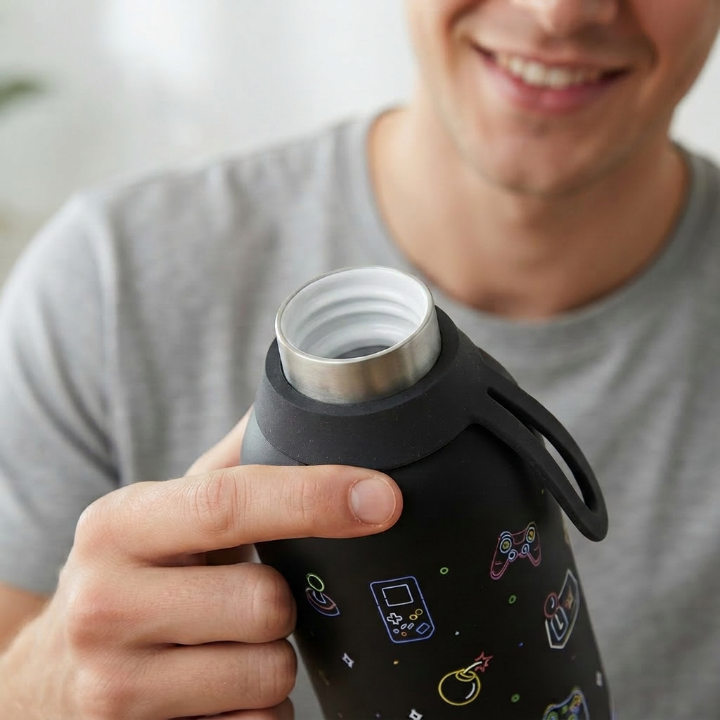 Botella Térmica de Acero Inoxidable con Interior Cerámico y Doble Tapón – Neon Gamer | Aurea