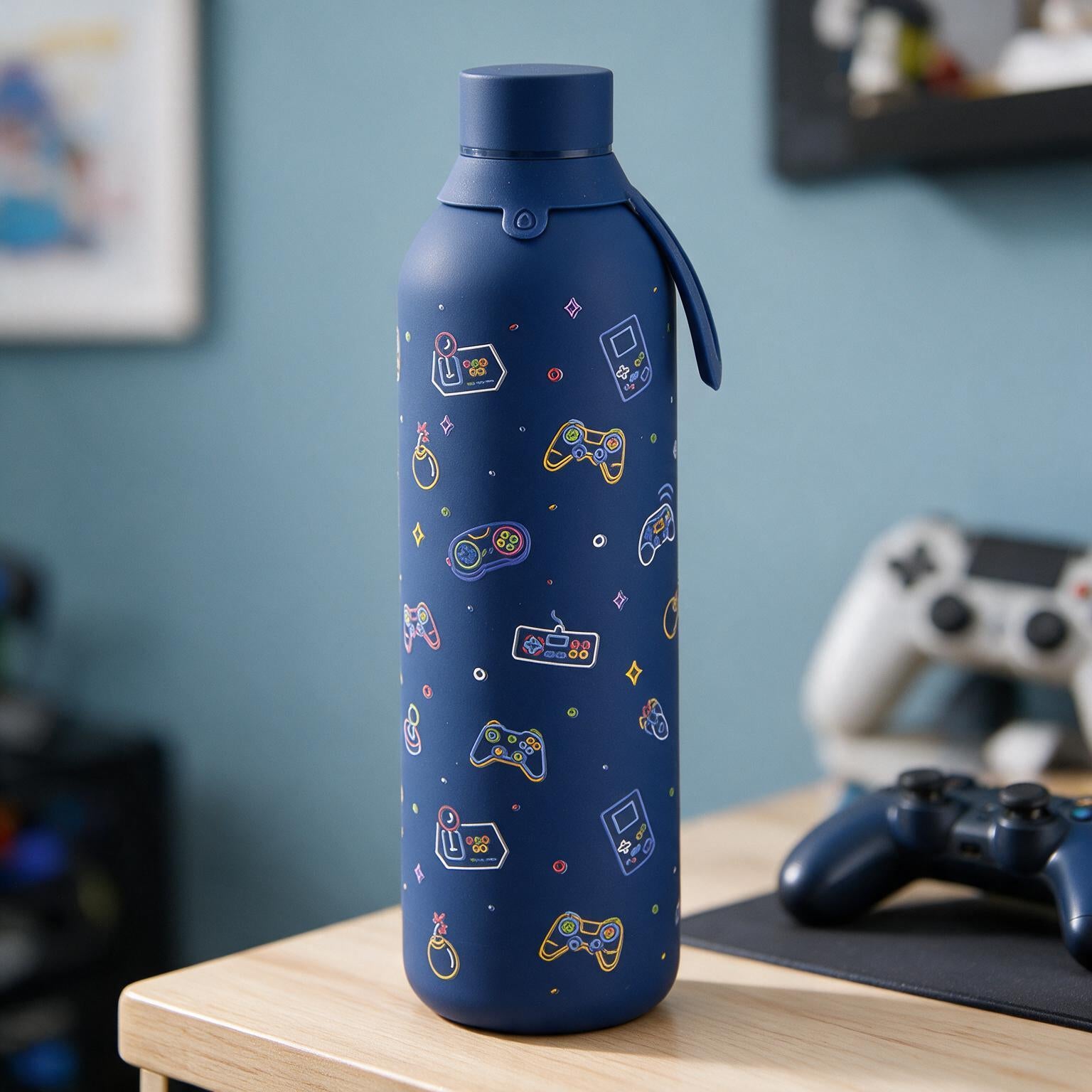 Botella Térmica de Acero Inoxidable con Interior Cerámico y Doble Tapón – Neon Gamer | Aurea