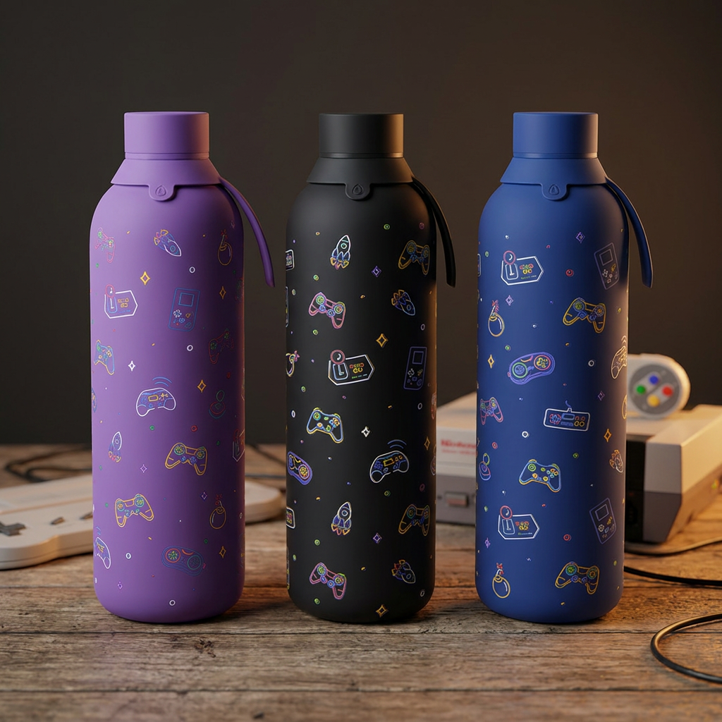 Botella Térmica de Acero Inoxidable con Interior Cerámico y Doble Tapón – Neon Gamer | Aurea