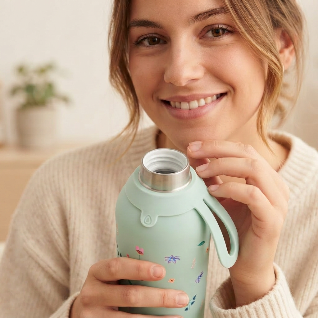 Botella Térmica de Acero Inoxidable con Interior Cerámico y Doble Tapón – Little Bloom | Aurea
