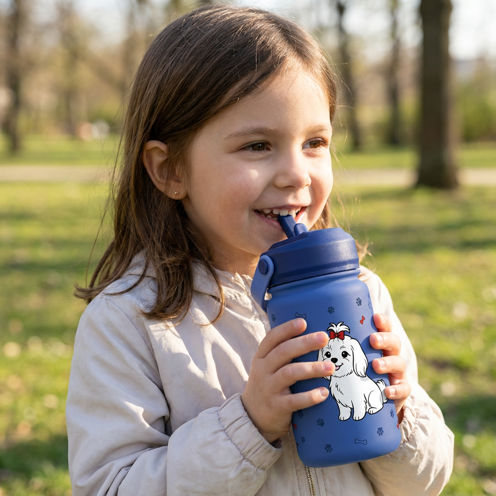 Botella Térmica de Acero Inoxidable con Adaptador Infantil – Fluffy Friend - Dark Blue
