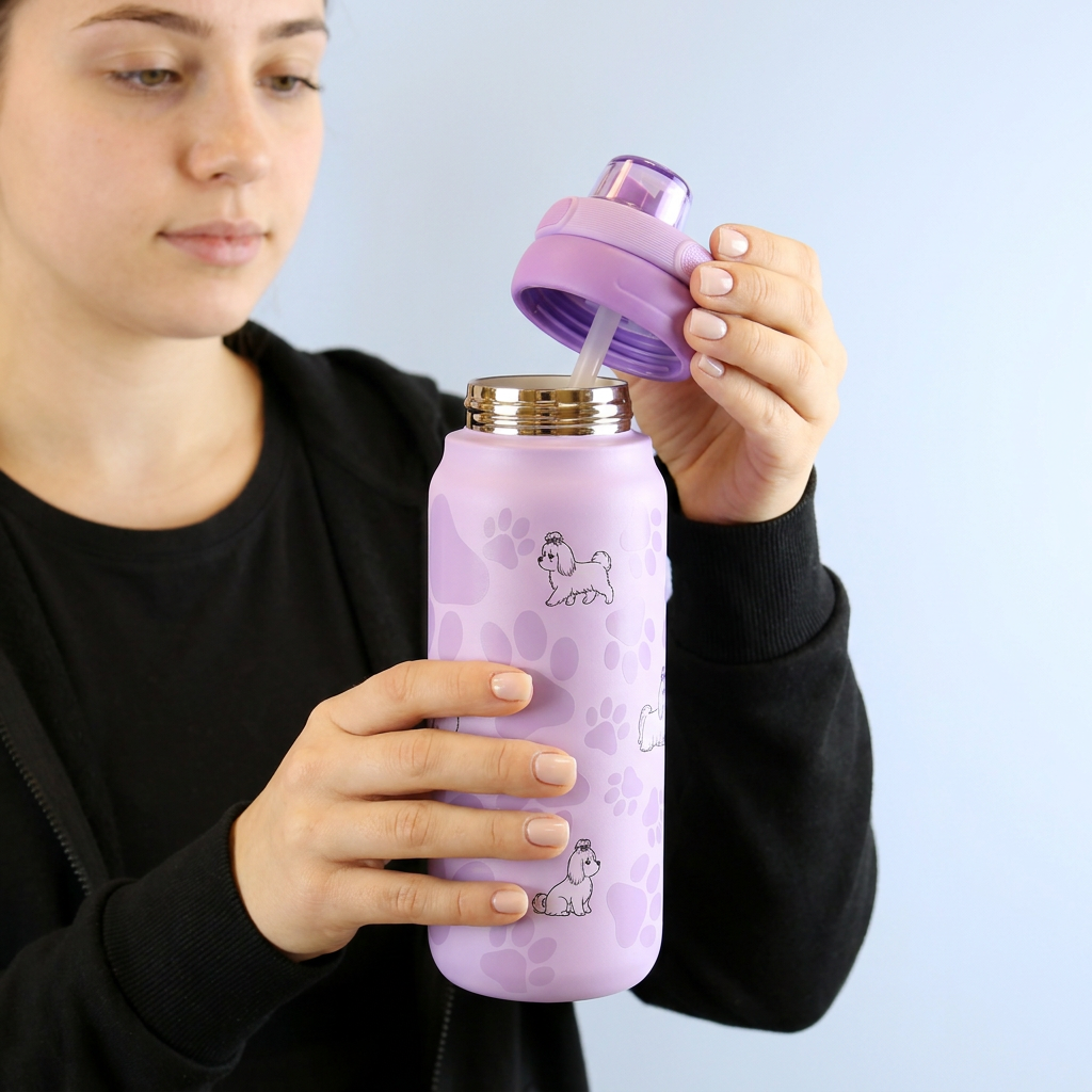 Botella Térmica Sport de Acero Inoxidable con Interior Cerámico y Doble Tapón – Fluffy Friend - Color Lila