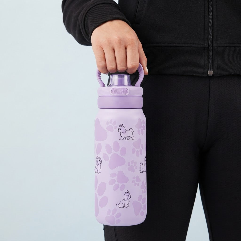 Botella Térmica Sport de Acero Inoxidable con Interior Cerámico y Doble Tapón – Fluffy Friend - Color Lila