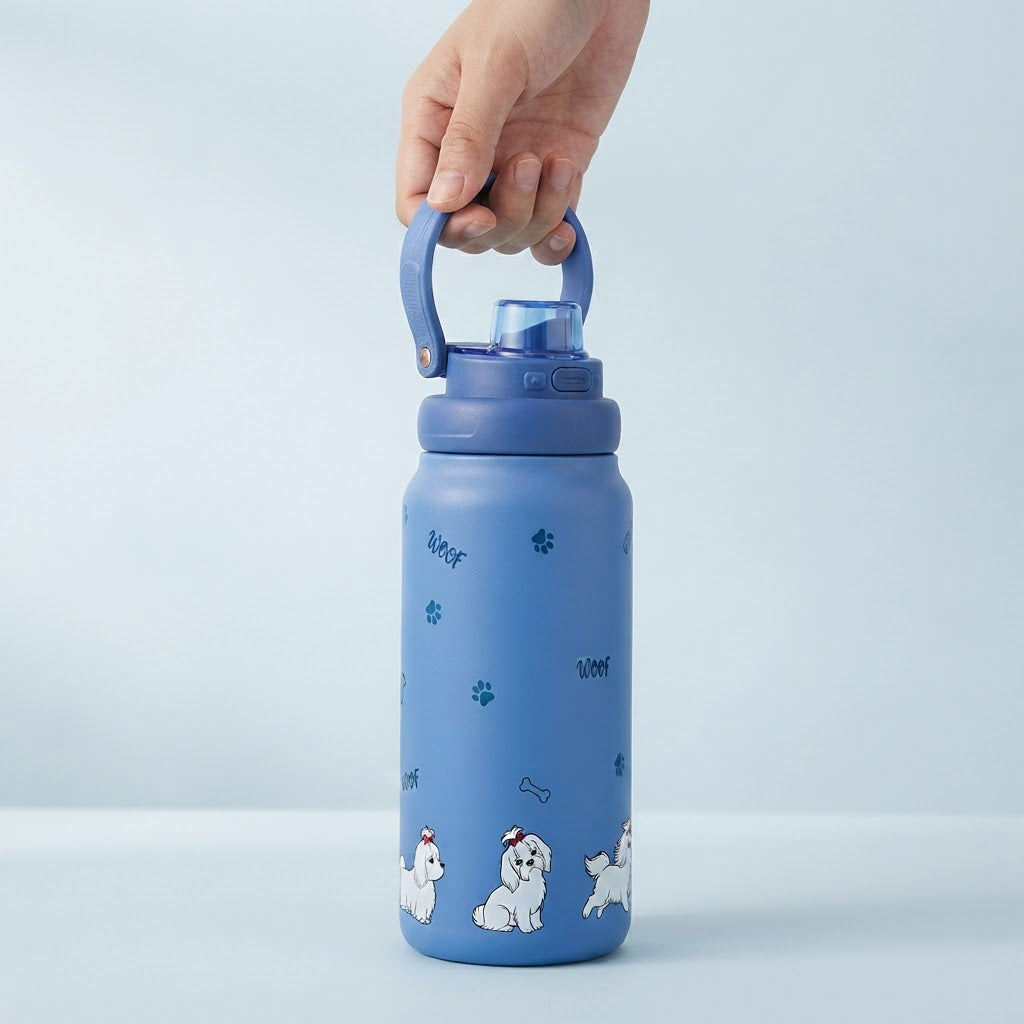 Botella Térmica Sport de Acero Inoxidable con Interior Cerámico y Doble Tapón – Fluffy Friend - Color Mazarine