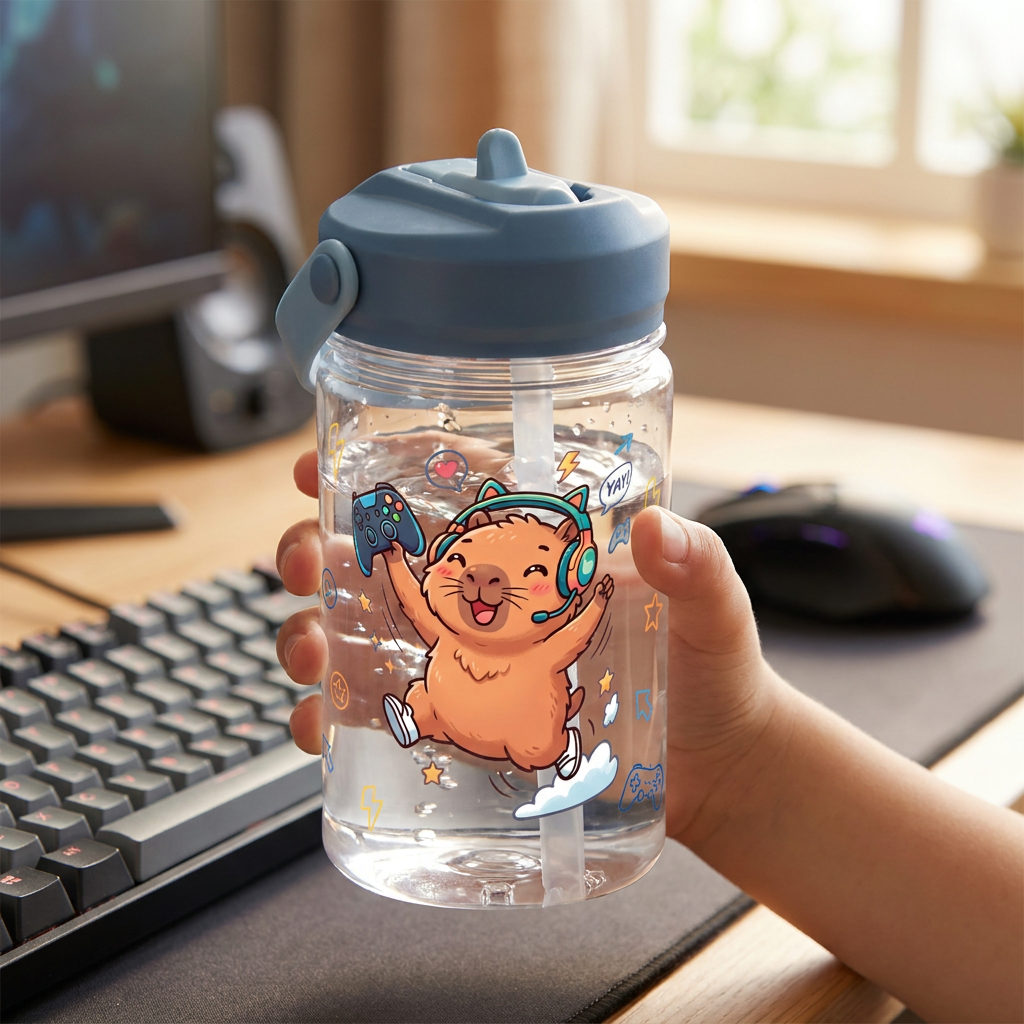 Botella Tritán 350 ml con pajita - Capi Gamer - Petrol Blue