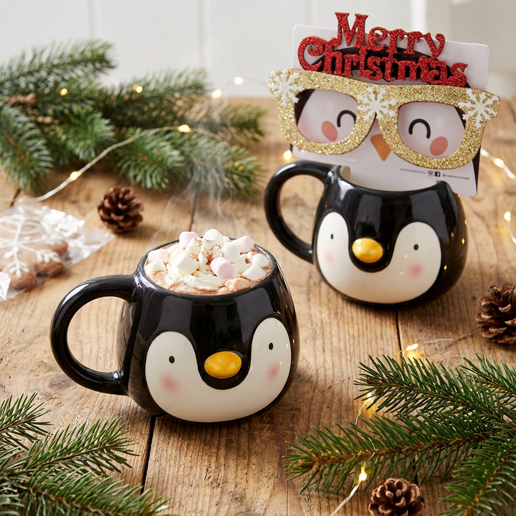 Taza con Forma de Pingüino 350 ml + Gafas de Navidad