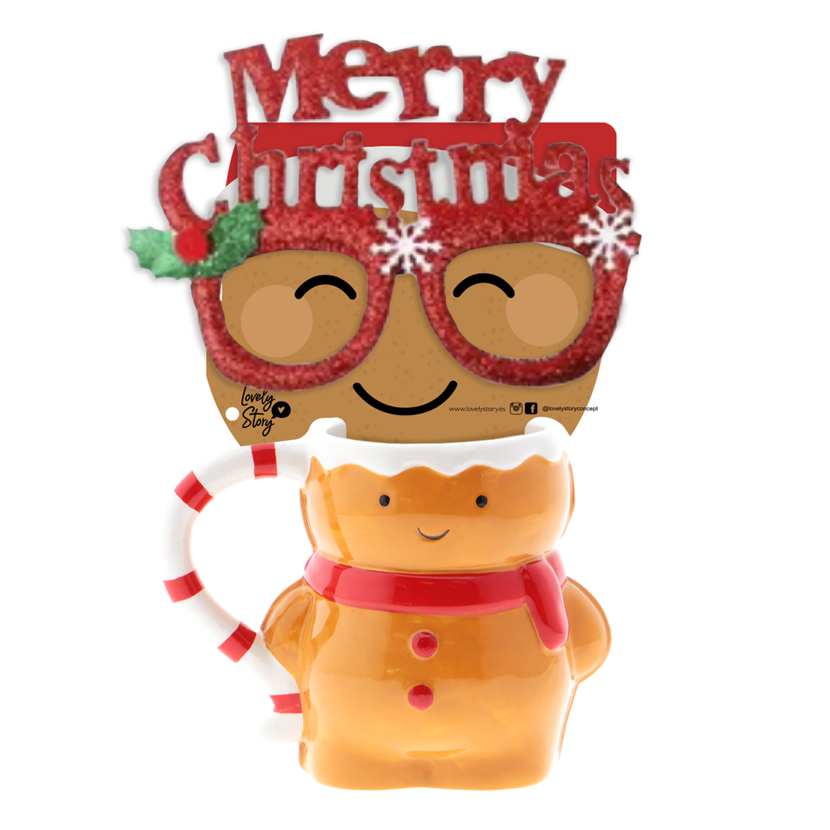 Taza con Forma de Galleta de Jengibre 350 ml + Gafas de Navidad
