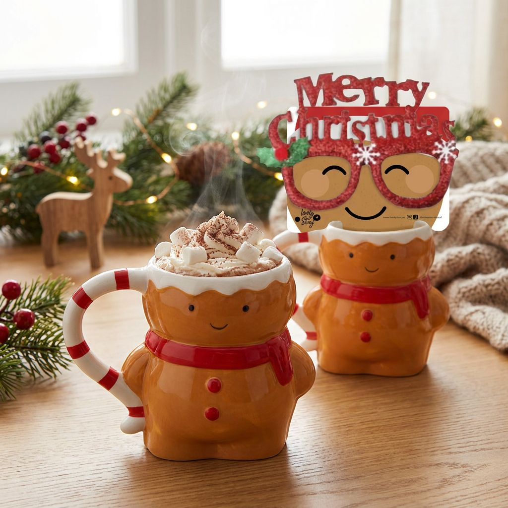 Taza con Forma de Galleta de Jengibre 350 ml + Gafas de Navidad