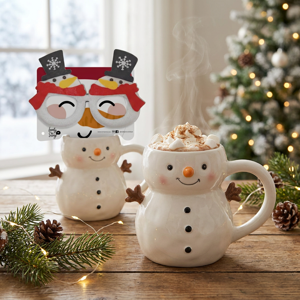 Taza con Forma de Muñeco de Nieve 350 ml + Gafas de Navidad