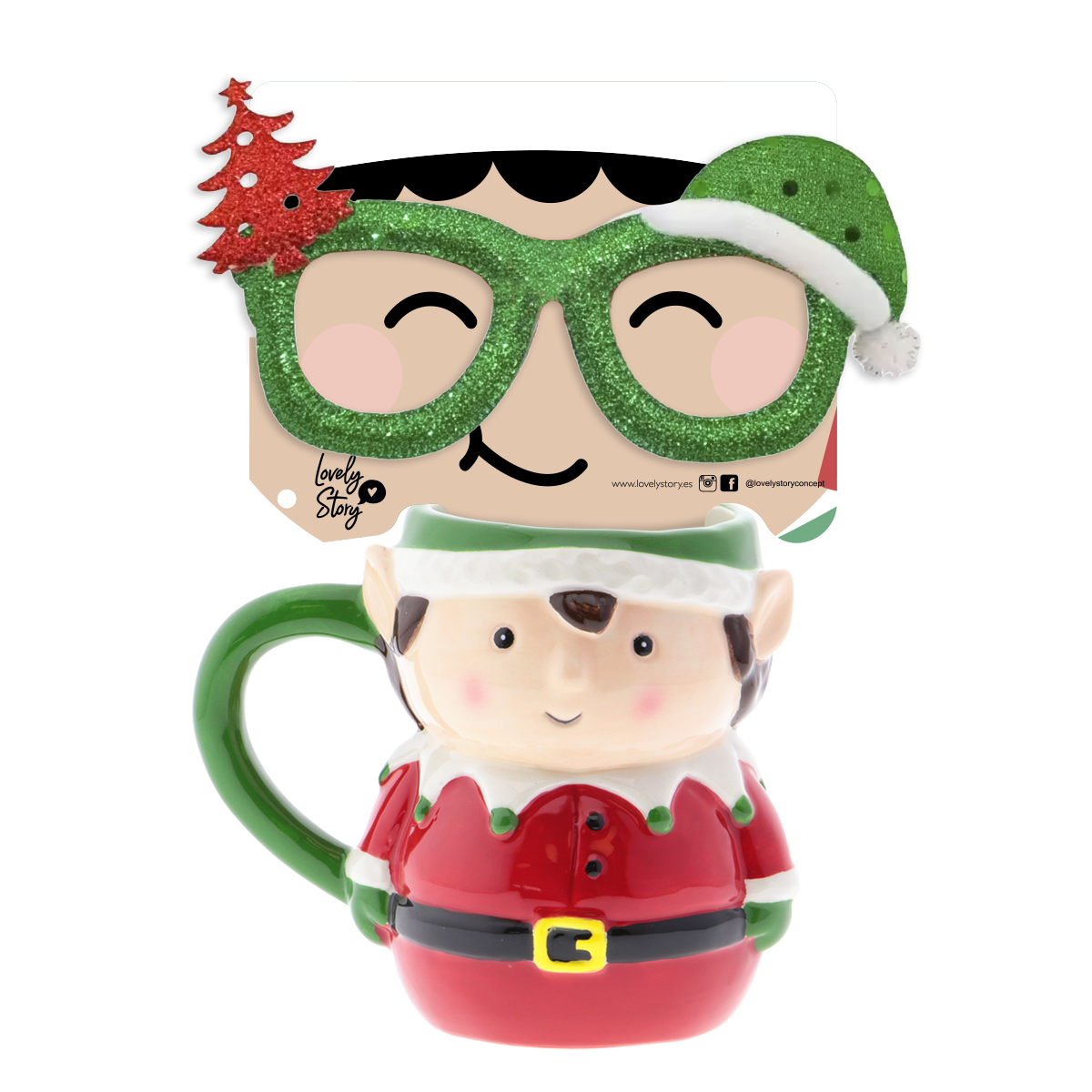 Taza con Forma de Elfo 350 ml + Gafas de Navidad