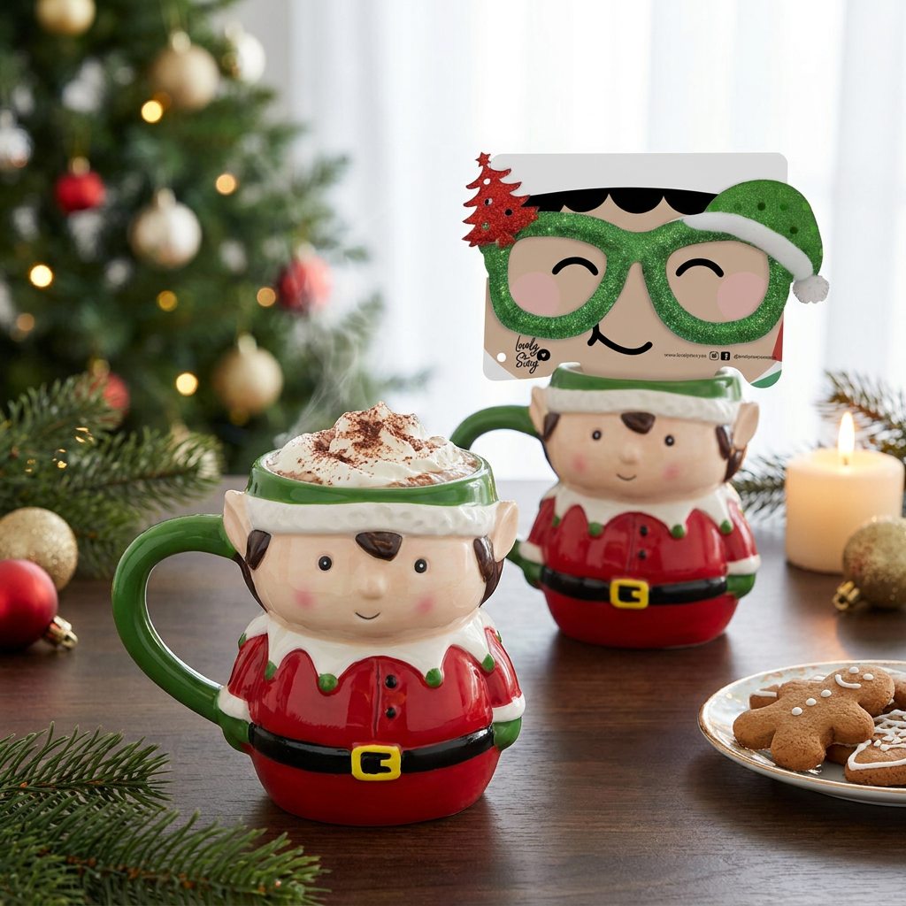 Taza con Forma de Elfo 350 ml + Gafas de Navidad