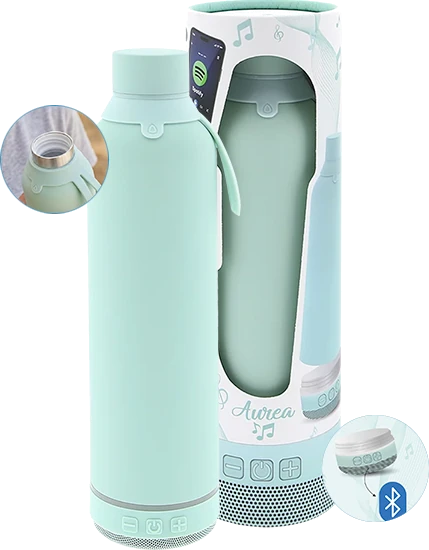 Botella Aurea verde agua con altavoz Bluetooth en la base y su estuche, con detalle de la boca de acero y del altavoz