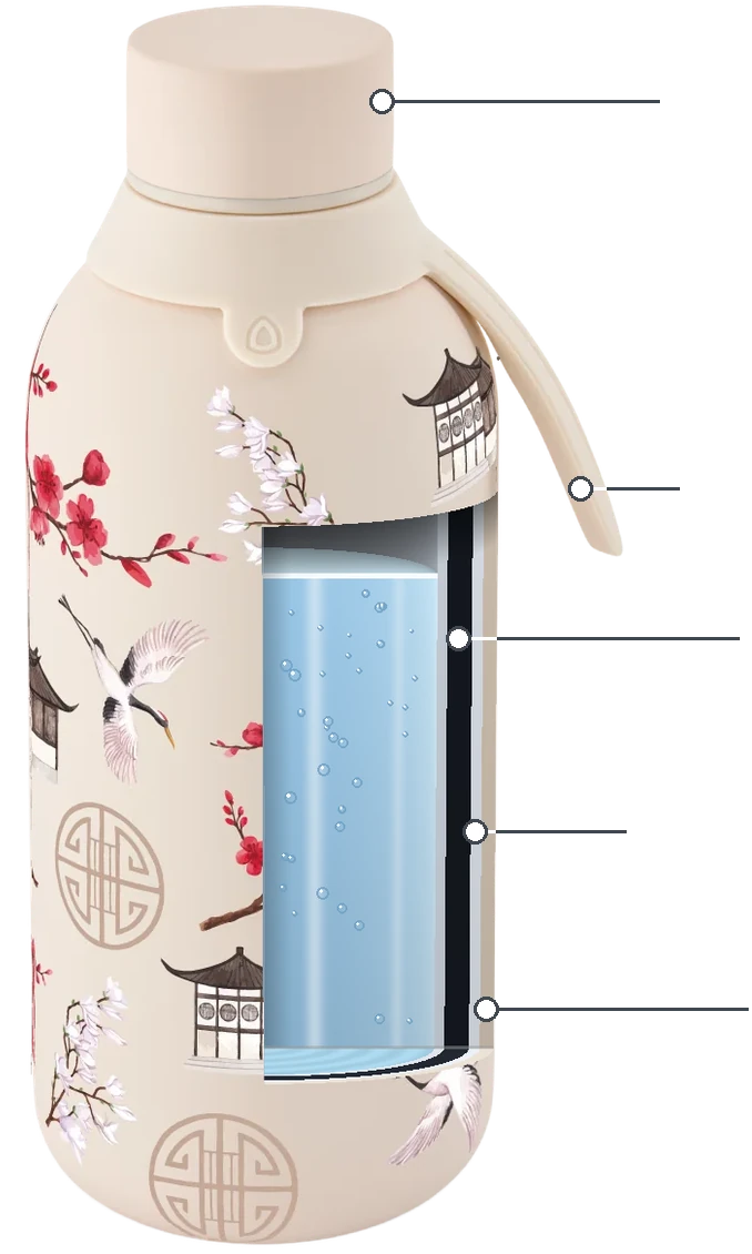 Sección de la botella Aurea estampada: capa exterior de goma, acero inoxidable 304, cámara de vacío y pared interior con agua