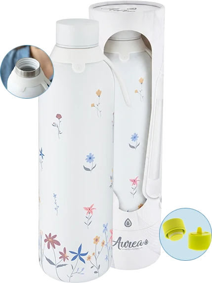 Botella térmica Aurea blanca con estampado de flores y su estuche, detalle de la boca de acero y tapón amarillo