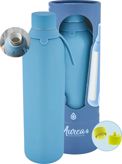 Botella térmica Aurea azul con su estuche, detalle de la boca de acero y tapón amarillo