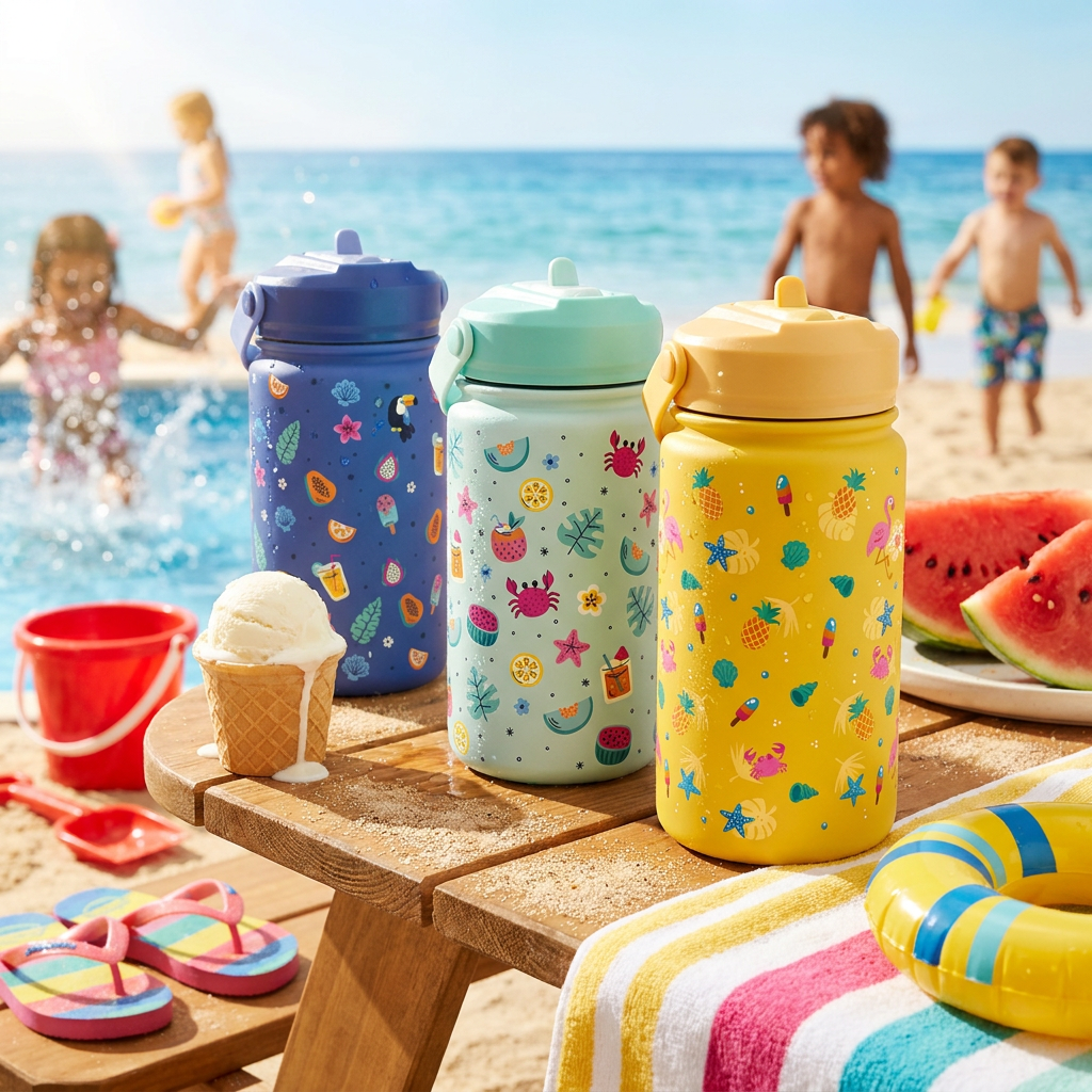 Botella Térmica de Acero Inoxidable con Adaptador Infantil – Tropical Fun | Aurea Kids
