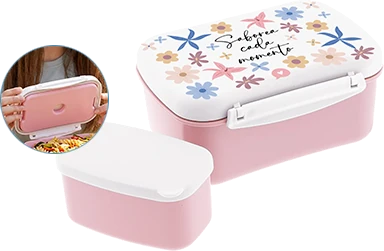 Portalimentos Aurea rosa con tapa estampada de flores y cajita de 200 ml, con detalle de la placa de hielo en la tapa